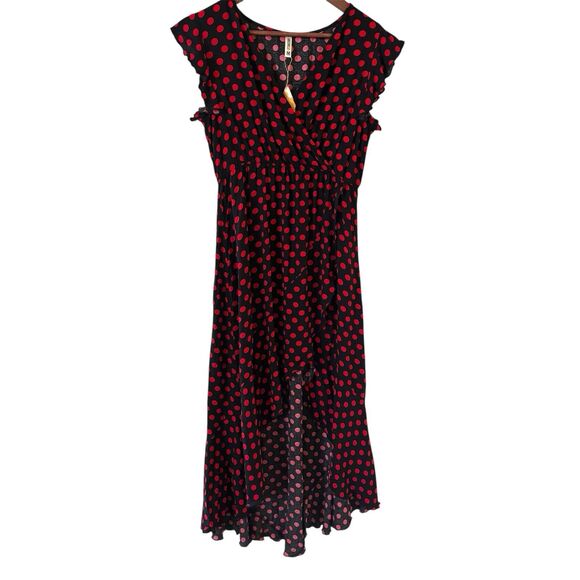 NWT Grecerelle Womens Maxi Dress Dark Romantic Faux Wrap M Hi-Low Ruffles Party - Picture 1 of 13